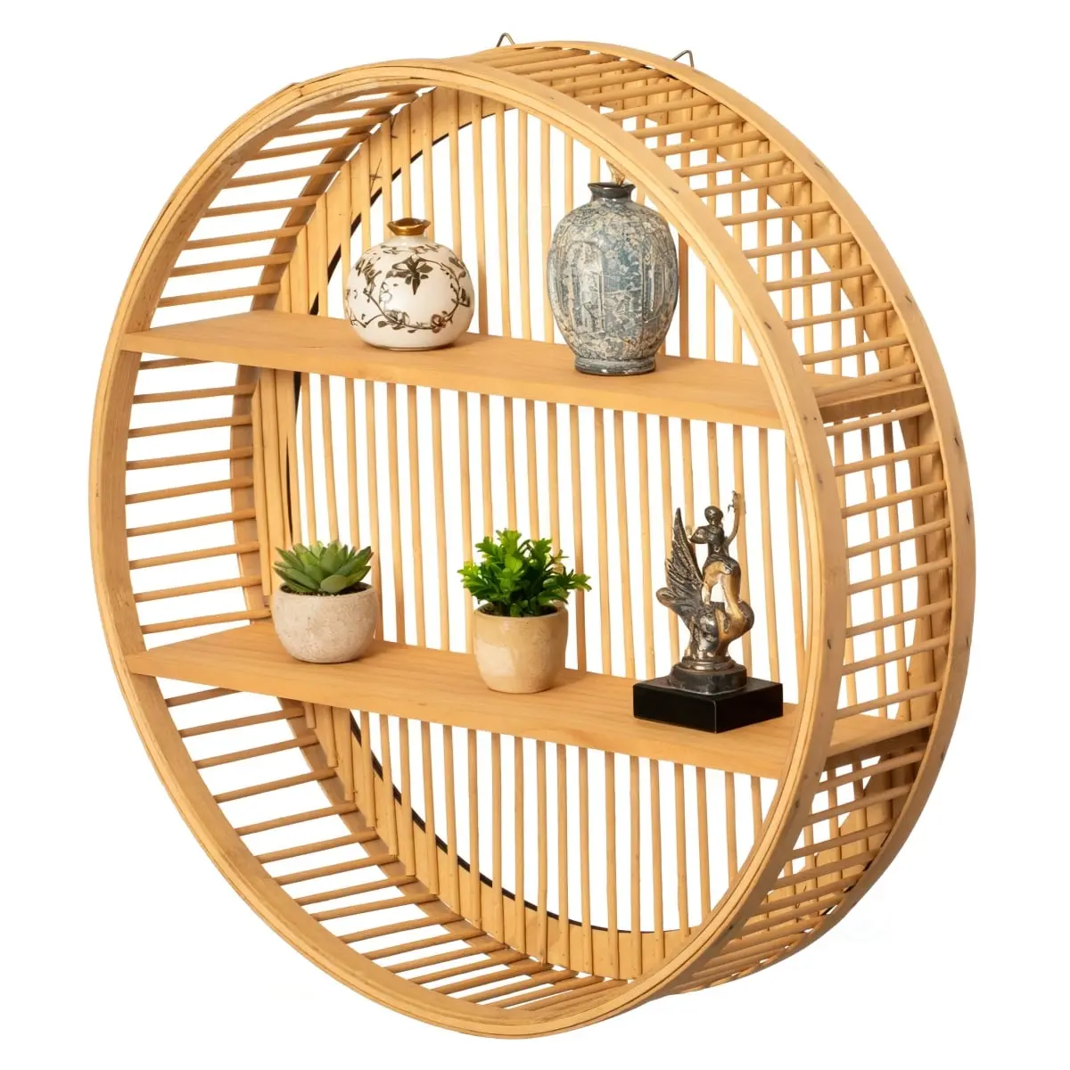 Vintiquewise QI004514.S Round Bamboo Wall Shelf, 2-Wooden-Tier Natural Hanging Wall Decor, Small Floating Display Rack, Wood Floating Shelves, Display Floating Shelves