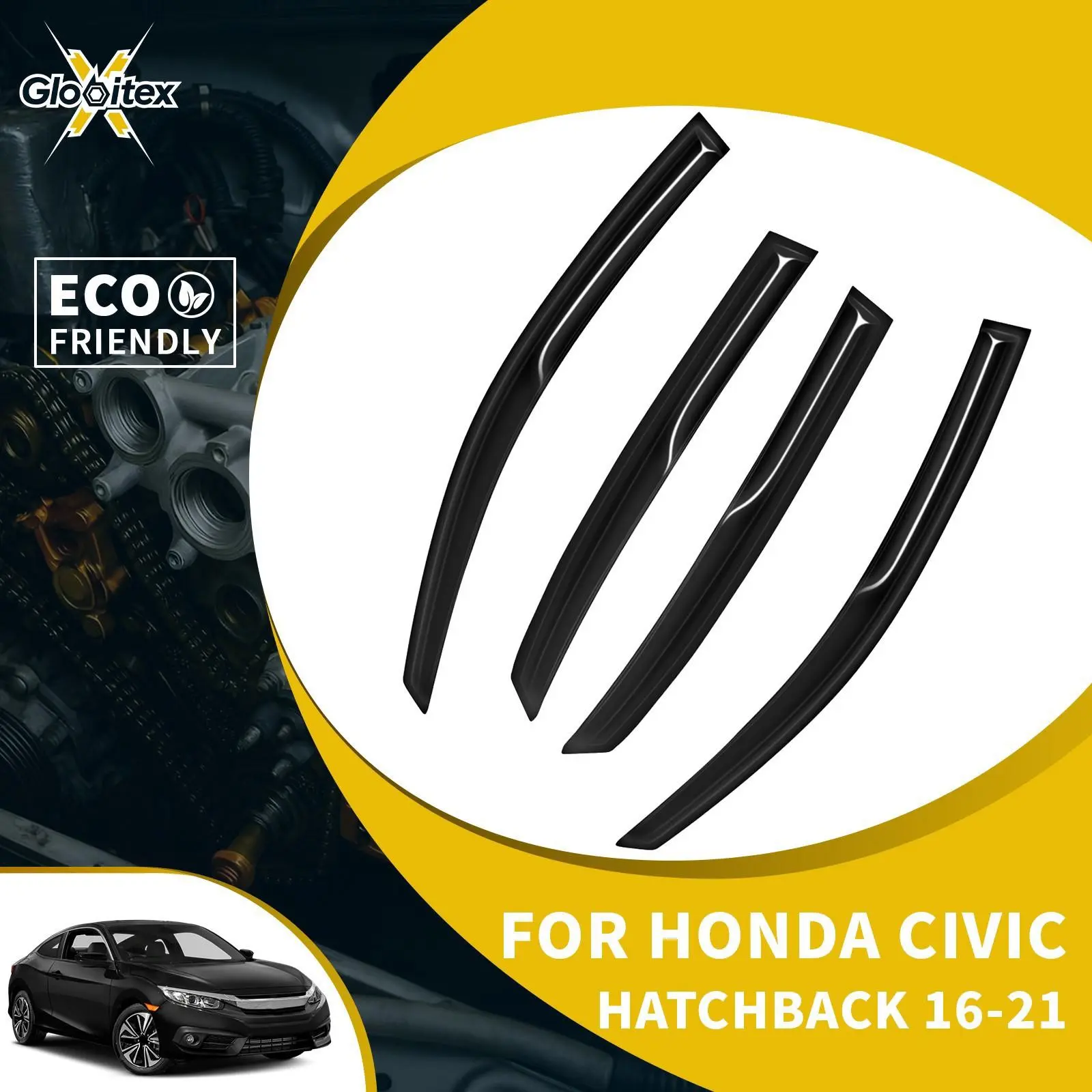 100% Brand New Acrylic Tape-On Automotive Side Window Visors - 4PCS JDM Mugen Style Low Profile Sun Shield Wind Deflectors with Water Channel, Edge-Fit Fully Assembled Vehicle-Specific Visor Accessory for 2016-2021 4-Door Hatchbacks
