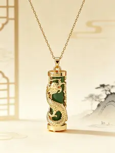 Vintage Chinese Dragon Column Pendant Necklace, Round Cylinder Imitation Jade Choker, Daily Wear Jewelry for Women