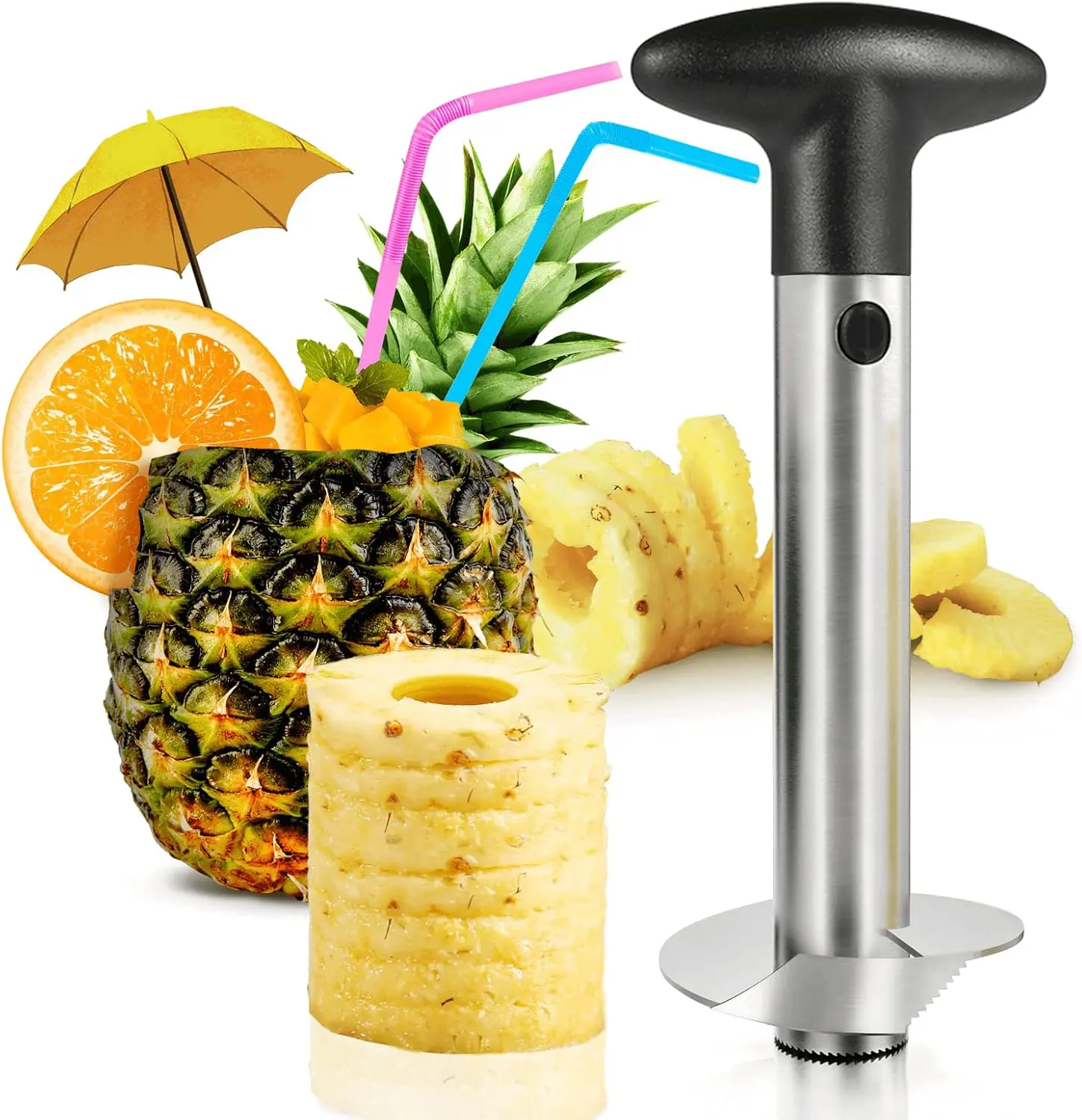 Durable Reusable Stainless Steel Pineapple Corer Slicer Peeler Utensil - Upgraded Reinforced Thick Blade Multi-Fruit Tool with Detachable Core Remover, Fruit Cutting, Vegetable Cutting, Pillar Shape, Coco Jack Style for Home Kitchen Enthusiasts