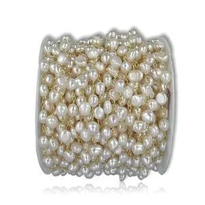 2Ft.11-12MM Semi-baroque Natural Pearl Rosary Style Wire Wrapping Gold or Silver Beaded Chain. Large Pearl Chain for Crafting.