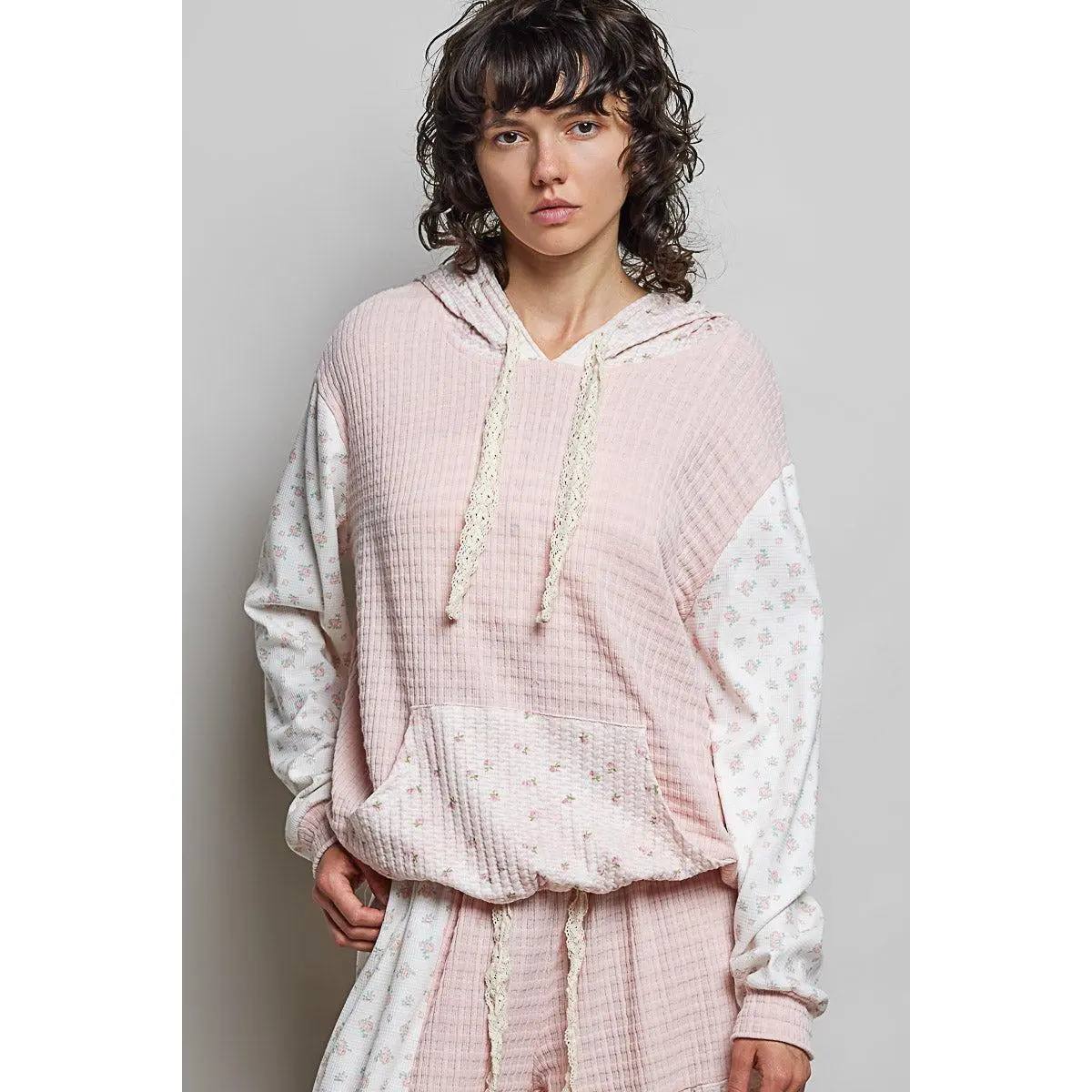Nina waffle Knit Patchwork Floral Hoodie