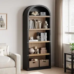 Garvee Arched 5-Shelf Wooden Bookcase, 71.65" Tall Rustic and Modern Display Storage Rack with Spacious Tiers and Optional Doors, Perfect for Home Office, Living Room, and Bedroom in Multiple Colors