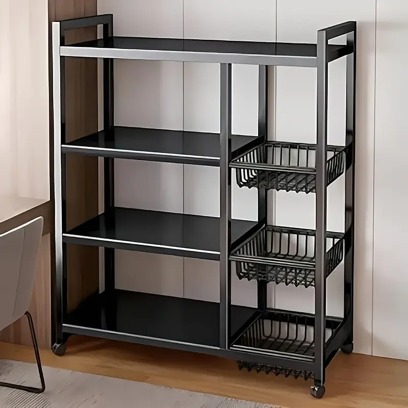 1pc Movable Storage Rack, Adjustable 4-storey Kitchen Shelf With 3 Wire Baskets, Kitchen Organizer And Storage, Metal Shelf Rack With Wheels, Suitable For Garage, Pantry, Bathroom, Closet, Warm House Gift, New Home, Standing Shelf