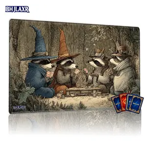 Four Anthropomorphic Raccoons Card Game Forest Vintage Sketch MTG Playmat 12x24in Non-Slip TCG Gaming Mat Gaming Mousepad for Family Gathering Gift, Whimsical Storybook Style with Earthy Tones Gaming Accessory