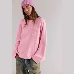 Chouyatou Women's Loose Waffle Knit Crew Neck Long-Sleeve Casual Knitwear