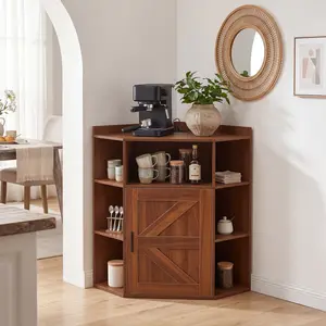 VECELO Corner Cabinet with Charging Station, Modern Home Office Storage Cabinet with 2 Outlets and 2 USB Ports, Triangle Bookshelf and Printer Stand with Barn Door for Small Spaces