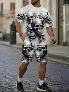 Men's Casual Aesthetic 3D Digital Print Two-Piece Set, Skull Pattern, Dark Style T-Shirt, Breathable Sporty Fashion