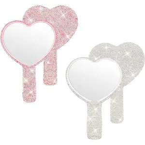 2 Pcs Rhinestone Mirror Handheld Bling Heart Lip Shaped Hand Mirror Glitter Cosmetic with Handle Portable Cute Travel Makeup Lash for Women (Pink and White)