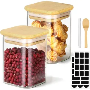 Square Glass Storage Jars, 2 Pack 6 Fl.oz Glass Jars with  , Clear  Canister Stackable Sugar Coffee Containers for Candy Loose  Oats - Set Included Labels, Spoon and Marker