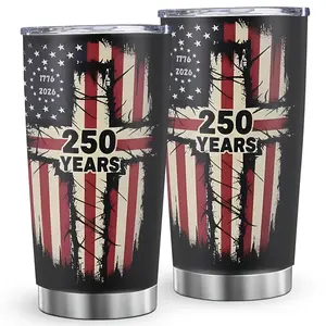 20oz (590ml) Insulated Stainless Steel Vacuum Flask Tumbler - American Flag Cross Print, 250-Year USA Patriotic Christian Design, Portable Travel Cup with Lid for Patriots, Church Events, Kitchenware Drinkware, Insulation