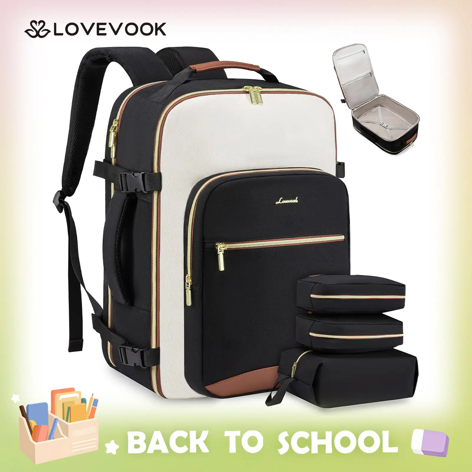 LOVEVOOK Colorblock Carry-On Travel Backpack with 3 Packing Cubes and Laptop Compartment - Personal Item, TSA-Friendly, Airline Approved Travel Bag for Hiking, Overnight, Weekend,High-capacity and Durable,TikTokShopBackToSchool