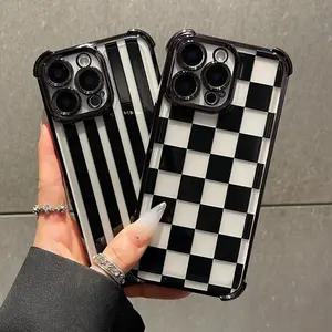 Black checkered four-corner drop-proof TPU phone case for iPhone 17 Pro Max Plus Air/16Pro Max 15 14Plus 13 12 11 XR XS Simple and stylish camera protection Shockproof Anti-Drop Shockproof Drop Protection Durable Phone Case