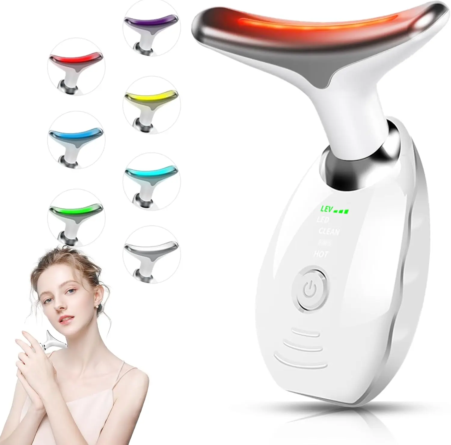 7 Color Galvanic Machines - Red Light Therapy for Face and Neck, Face Massager Tool for Wrinkles, Double Chin, Vibrating Facial Massager with Thermals, White