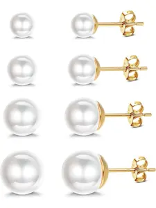 4 Pairs Pearl Earrings, Round Ball Pearls Stud Earrings, Hypoallergenic, High Quality Earrings, 5-10mm Mixed Sizes, Freshwater Cultured Pearl Earrings Set for Women, Earrings Jewelry
