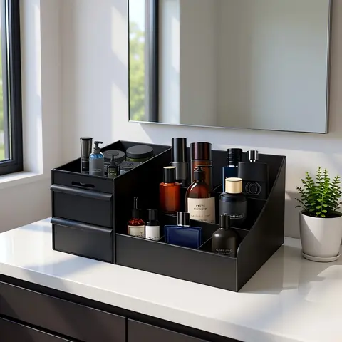 Black Desktop Organizer Storage Bin - 7-Slot Gear Holder, 2 Deep Drawers, Drainable, Wash-Clean Ease, Drawers+Comps, Desk Accessories, Gifts for Him, Office/Kitchen Vanity Dorm Room Accessory (Perfumes, Shaving Tools, Skincare)
