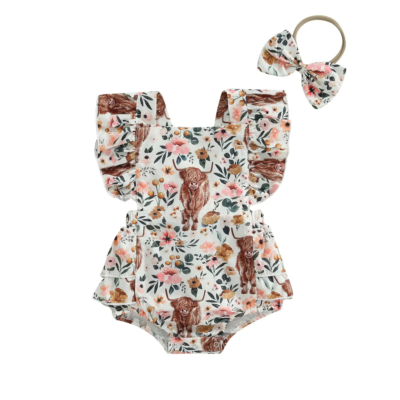 Ma&Baby Western Baby Girl Summer Clothes Cow Print Ruffled Sleeveless Romper Onesie  Bodysuit with Headband Outfit