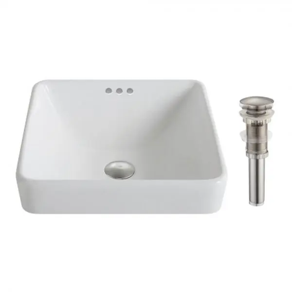 Kraus KCR-281-BN Elavo White Ceramic Square Semi-Recessed Bathroom Sink - Brushed Nickel