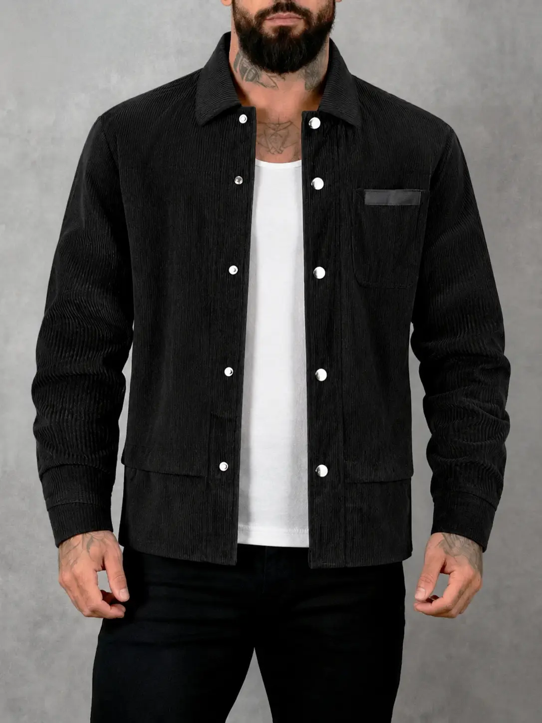 Men's Classic Plain Corduroy Shacket - Casual Loose-Fit Longsleeves Snap-Button Shirt Jacket with Chest Pocket for Fall Streetwear, Stylish Menswear, Tops, Textured, Workwear, Long Sleeves, Ribbed, Basics, Outdoors, Collared, Evening, Fashion, Soft, Polye