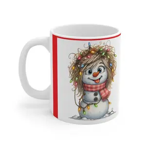 Cute Snowman with Christmas Lights Mug | Holiday Winter Coffee Cup