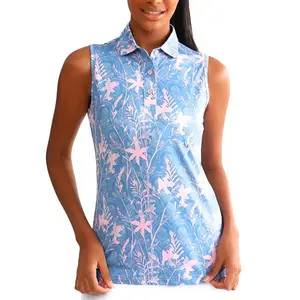 Women's Sleeveless Golf and Tennis Polo Shirt, Floral Print, Blue and Pink