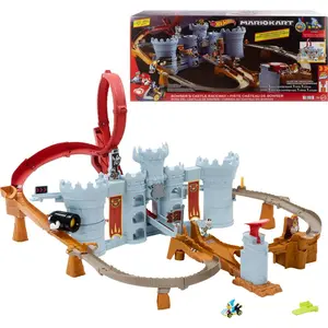 Hot Wheels Mario Kart Bowser’s Castle Track Set with 1:64 Scale Die-Cast Kamek Toy Vehicle and Storage