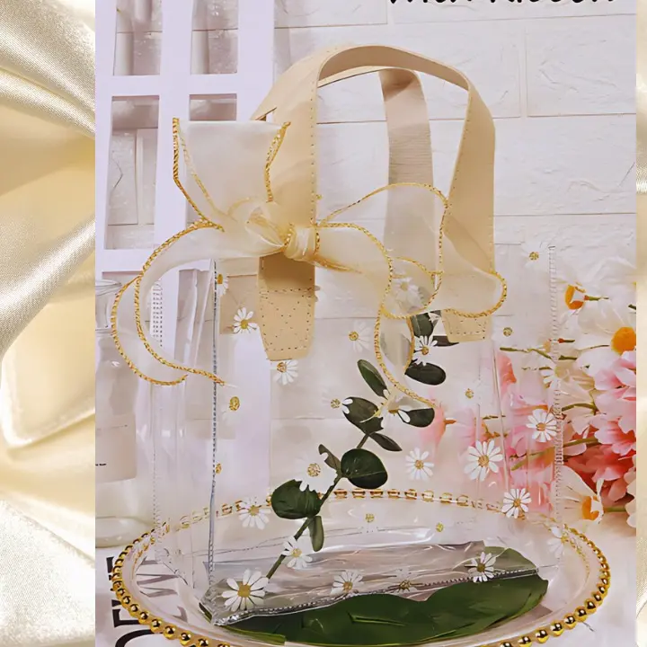 Transparent PVC Tote Bag with Ribbon & Flower Print