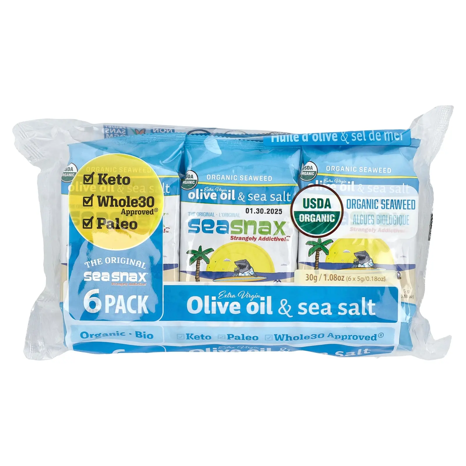 SeaSnax Organic Seaweed, Extra Virgin Olive Oil & Sea Salt, 6 Pack, 0.18 oz (5 g) Each