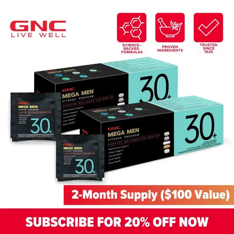 (Flash Sale) GNC 3-Pack Bundle: Mega Men's 30+ Vitapak, 90 day supply, Stress & Bone Support, 30 Count, Healthcare, overall Wellness, Dietary Supplement