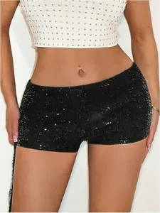 Fashion Party Style Sexy Low Waist Tight Fitted Mini Shorts, Leopard Pattern Contrast Sequin, Zipper Fly, High Waist, All Seasons Womenswear