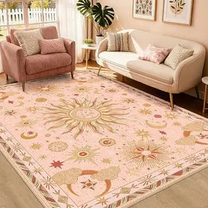 Vintage Boho Area Rugs, Washable Friendly Non-Slip Rug Gothic Sun and Moon Printed Pattern Low Pile Carpet for Living Room Bedroom Dining Room Hallway Entryway,Pink Gold Beige Red