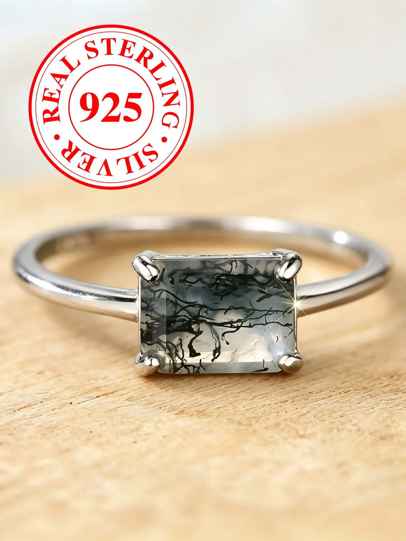 S925 Sterling Silver Rings Square Seaweed Agate Rings Earrings for women & girls, Fashion Rings, minimalist style, anniversary and Valentine's Day gift Engagement Promise Ring, Wedding Promise Rings, Engagement Ring（with Box）