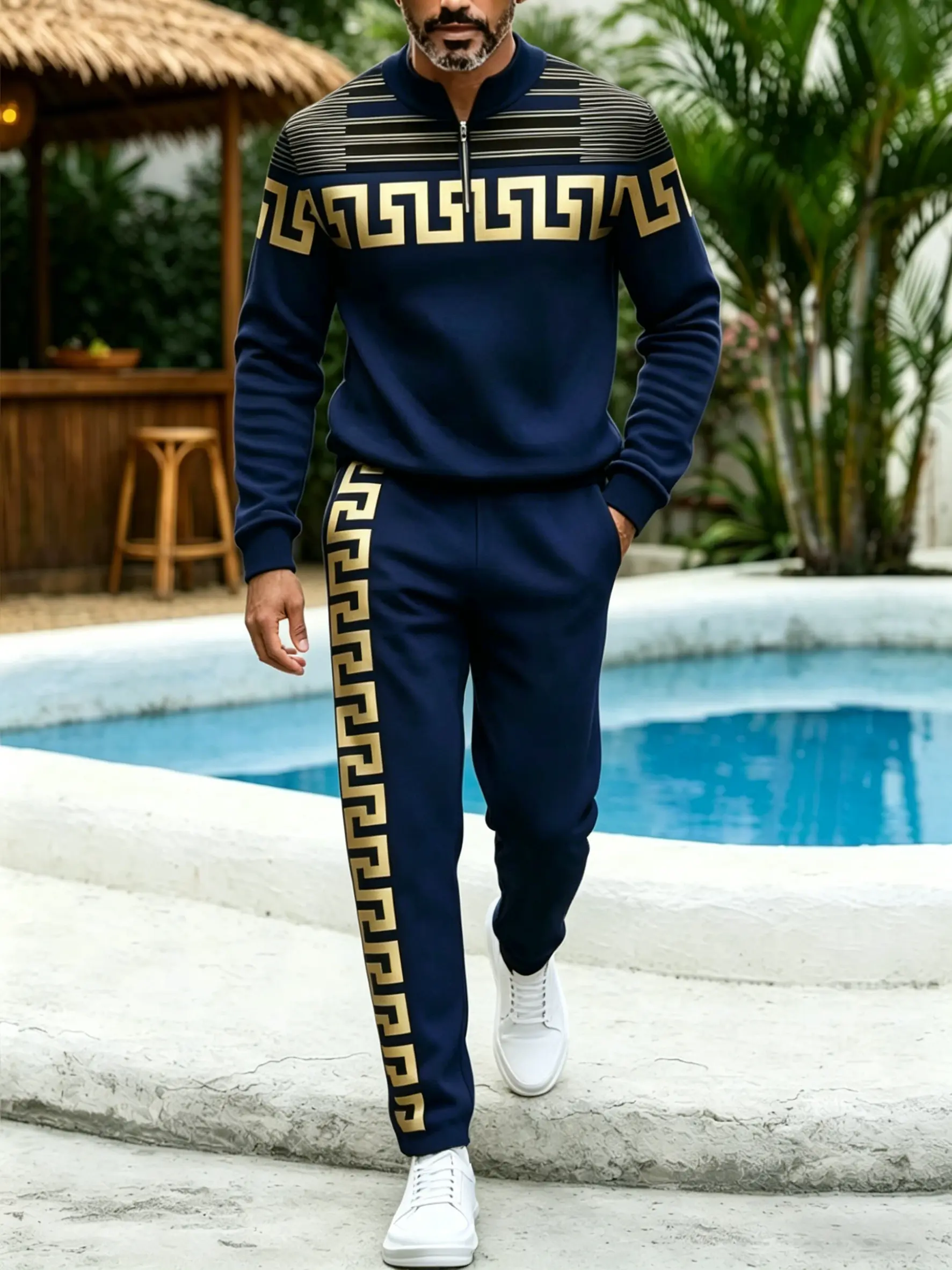 Men's 2-Piece 2026 Fall-Winter Athletic Set, 3D Digital Geometric Print, Half-Zip Pullover Top, Long Sweatpants for Everyday Basic Wear, 2 Piece Men's, Athleisure Gym Clothes, Loose Tracksuit, Polyester Fabric, Half-Zip Top