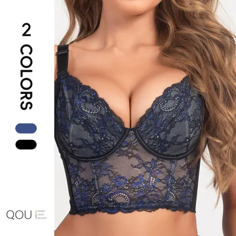 QOU Women's Soft Floral Lace Push-Up Bra - Plus Size Deep V Neck Nylon Underwire Bustier Corset Undergarment, Romantic Shimmer Lingerie for Christmas Outfit