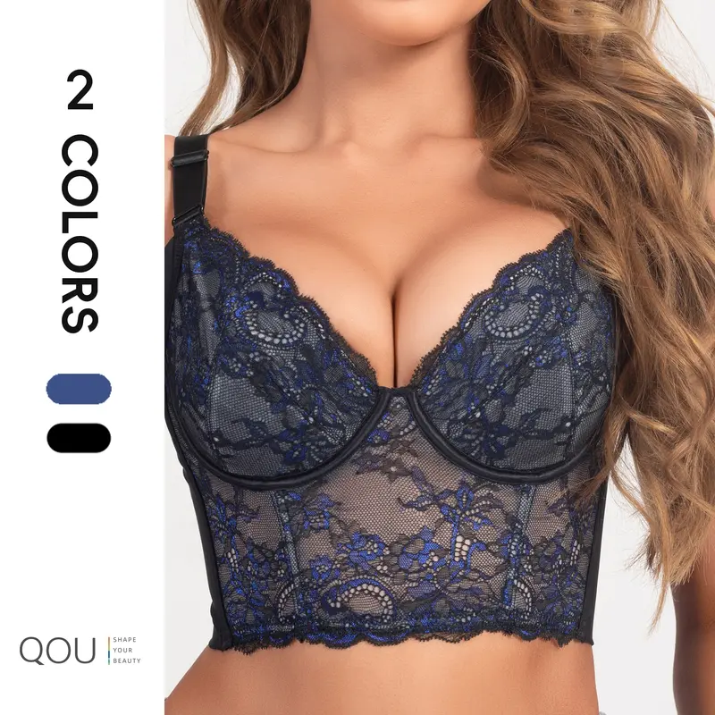 QOU Women's Soft Floral Lace Push-Up Bra - Plus Size Deep V Neck Nylon Underwire Bustier Corset Undergarment, Romantic Shimmer Lingerie for Christmas Outfit