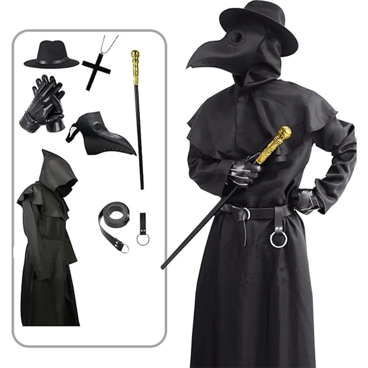 Adult Plague Doctor Costumes, Ankle Length Black Hooded Robes for a Medieval Look, Complete Halloween Cosplay Gear Set with Bird Beak Mask, Coordinated Costume Set, Scary Movie Night, Halloween Makeup, Ghost Vibes