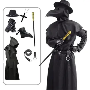 ATTBEA Halloween Costume Compatible for Plague Doctors with Bird Beak Mask, Black Cloak Robe with Hood