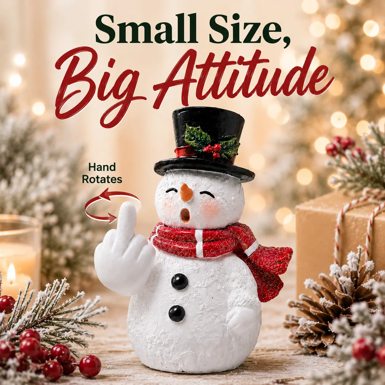 Hodao "FlipHand" Standing Funny Resin Snowman Figurine Statue - Rotatable Middle Finger Interactive Novelty Prank, Christmas Ornament with Scarf & Holly, Desktop Home Decor, Holiday Gift