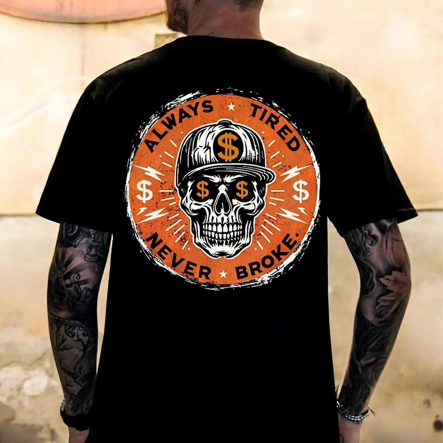 Graphic T-Shirt for Men with "Always Tired Never Broke" Skull Print, Relaxed Fit 100% Cotton Tee, Breathable Shortsleeve Streetwear Top