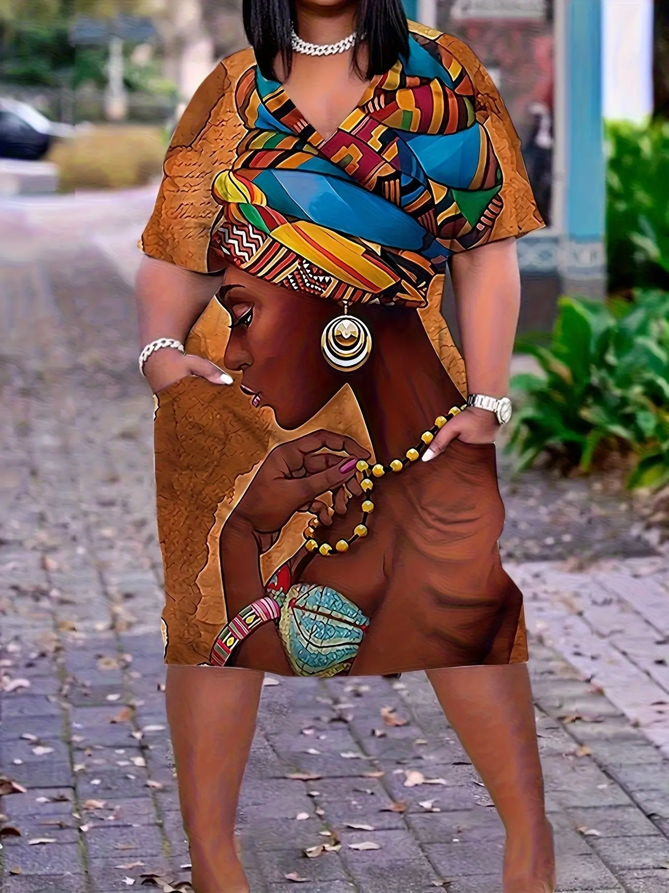 Plus Size Style Spring Summer Dress with Ethnic Portrait Print, Casual Loose Women's Dress with Pockets, V Neck T-Shirt Style, Short Casual Wear Womenswear, Casual Boho Elegant, Bohemian Style