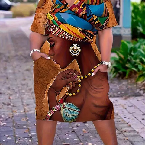 Plus Size Style Spring Summer Dress with Ethnic Portrait Print, Casual Loose Women's Dress with Pockets, V Neck T-Shirt Style, Short Casual Wear Womenswear, Casual Boho Elegant, Boho Fashion Dress, Bohemian Style
