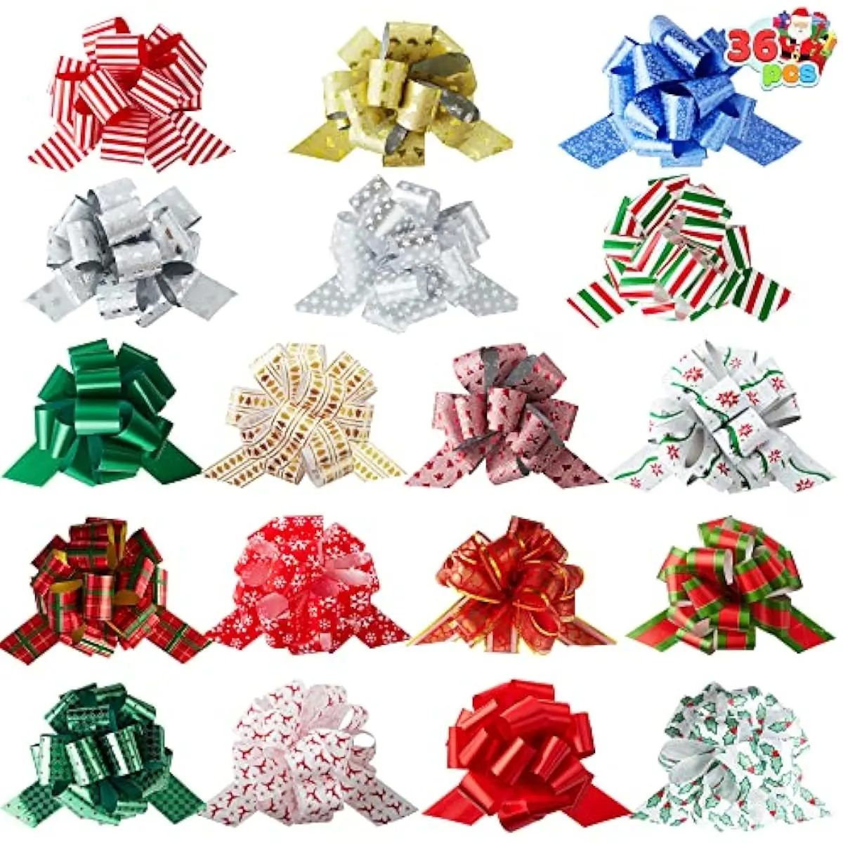 36 PCS Christmas Wrap with Ribbon Pull Bows 4.7", Pull Bows for Gift Wrapping, Easy and Fast Wrapping Accessory for Xmas, Baskets, Wine Bottles, Present, Florist, Bouquet Decoration