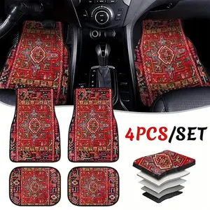 Ethnic Retro Pattern Car Floor Mats - 4-Piece Washable Non-Slip Wear-Resistant Polyester Fiber General-Purpose Auto Accessories Interior, Car Interior Accessory