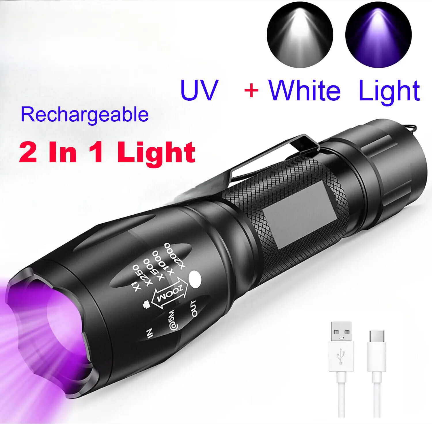 2-in-1 Rechargeable Portable Zoom Flashlight - 395nm UV Lamp, Waterproof White LED Torch with Wrist Strap for Camping, Hiking, Currency Detection