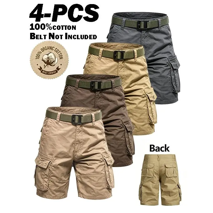 4-PCS Men Vintage Cotton Cargo Shorts Mid Waist Straight Knee Chino Bottoms Loose Fit Soft Breath Summer Multi Pocket Casual Pants Outdoor Hiking Walking Daily Travel Trendy Male Streetwear Light Solid Color Daily Holiday Weekend Daily Casual Walking
