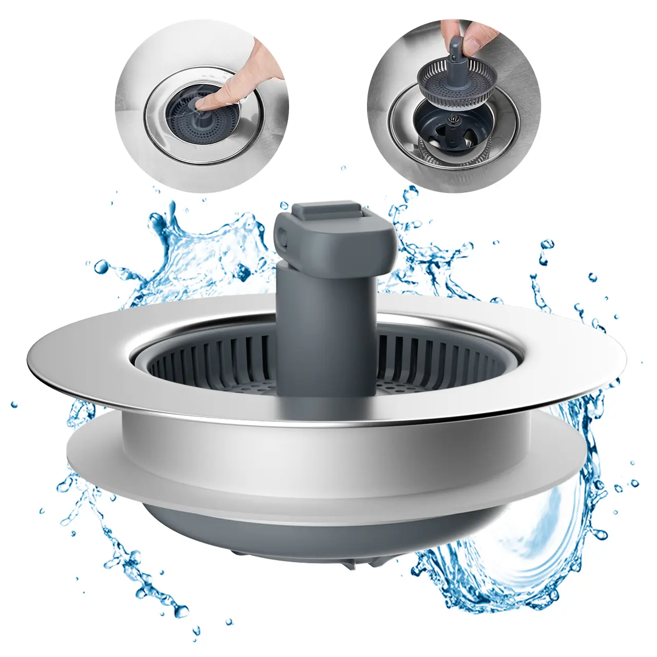 Hibbent 3-in-1 Chrome Stainless Steel Wrapped Sink Strainer-Stopper Combo, Anti-Clogging Basket, Foldable Handle, Easy-Cleaning Drain Cover for 3-1/2" US Standard Drains (Depth＞1.8")