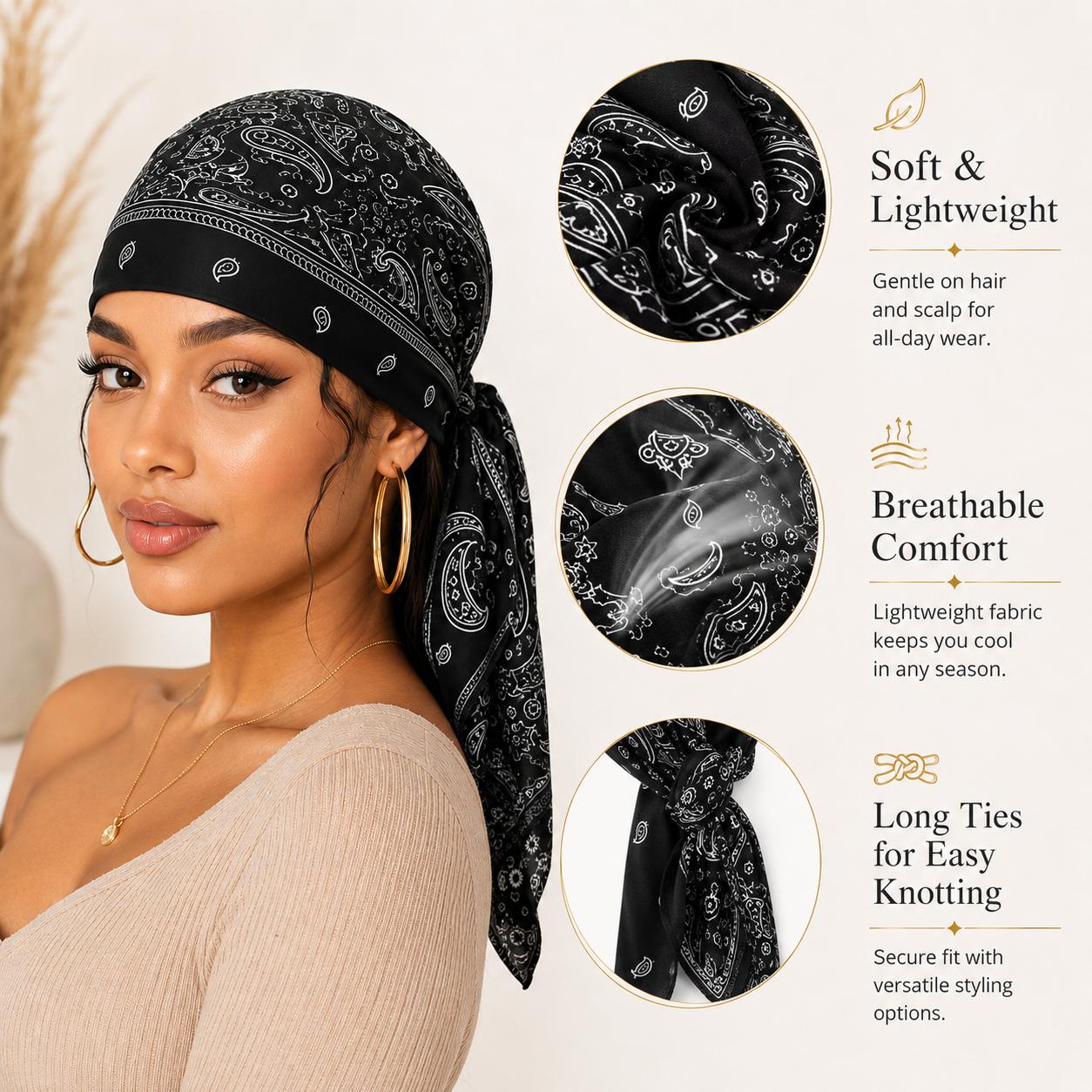 5 PCS Paisley Skull Cap Bandana Head Wraps for Men Women, Adjustable Tie Back Do Rag Headwear, Breathable Lightweight Biker Durag Caps for Motorcycle, Workout, Cycling, Running, Outdoor Sports & Daily Wear