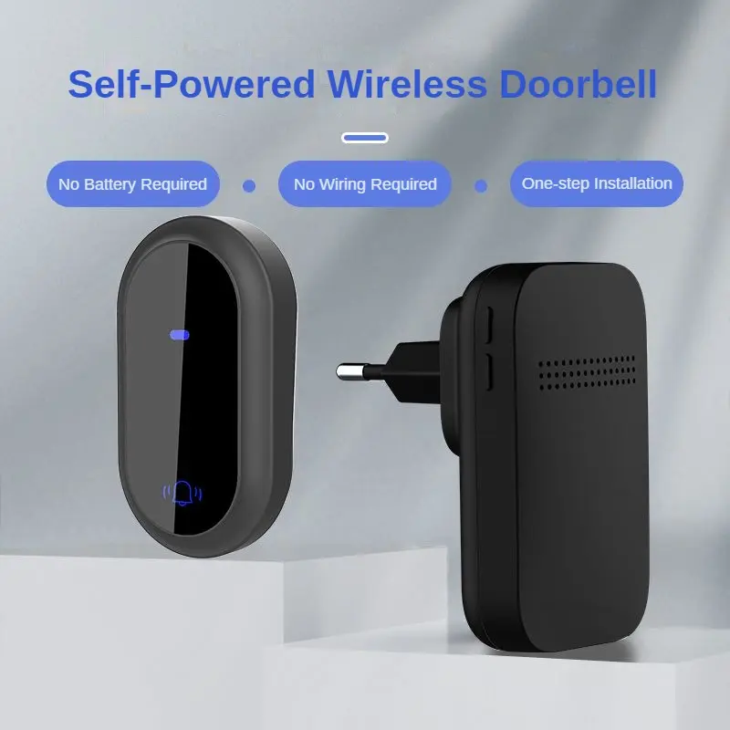 US Plug Self Powered Wireless Doorbell No Battery 100M Distance 38 Songs Door bell Button Outdoor Doorbell Wireless Waterproof for Home School Office (US Black 1V1 A)