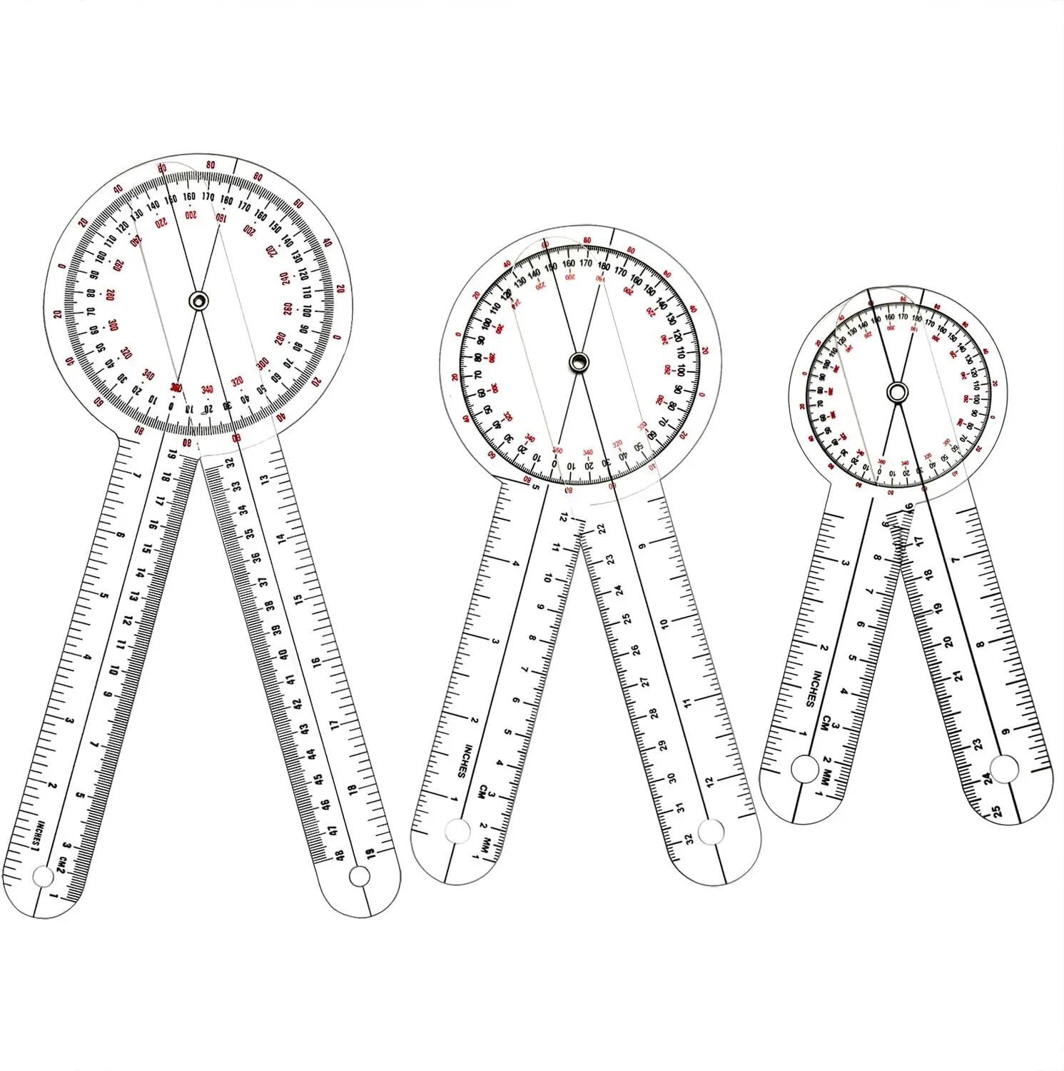 Goniometer Set 3 count of 6/8/12 Inch, Transparent  Angle Ruler Plastic Goniometer, 360  Clear Protractor Physical  for  Measuring Tape Goniometer Protractor Ruler