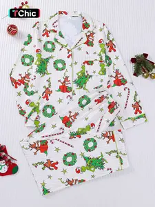 2-piece Starry Full-body Stroller Gift Box Reindeer Christmas Tree Dinosaur Cartoon Pattern Long Sleeve Pants Pajama Set Soft Comfortable Skin-Friendly Smooth Suitable for Four Seasons Casual Home Wear Christmas Outfit